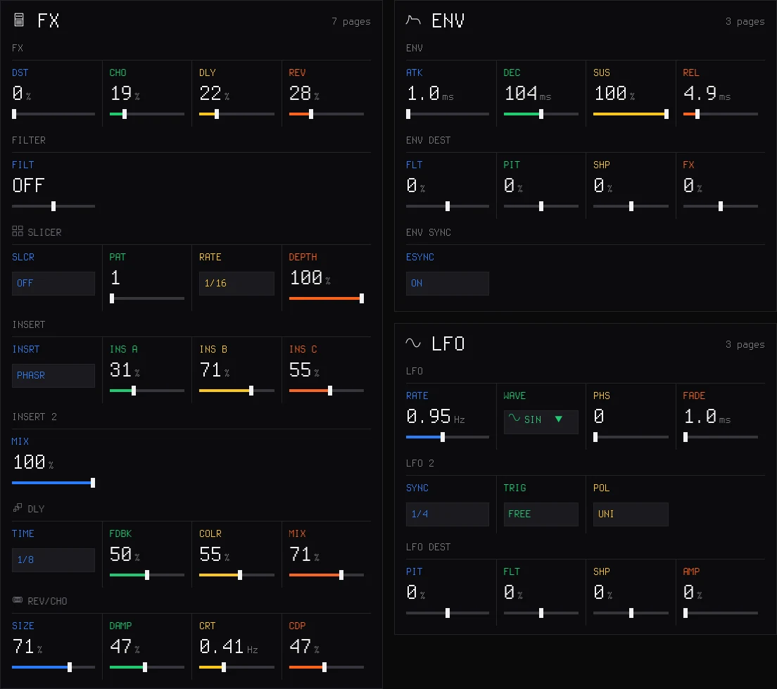 The editor's sound page: FX, envelope and LFO