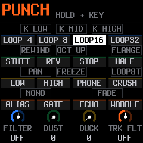 The FX layer: 27 punch-in effects laid out on the keys